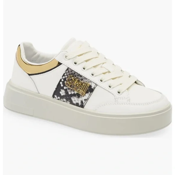 Roberto Cavalli leather White and Gold Women's Sneakers - Picture 1 of 13